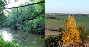 Zweigeteiltes Bild mit Blick auf einen Fluss und eine Kulturlandschaft