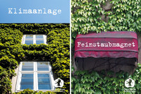 Zwei Postkarten des Ökolöwen. Die Linke zeigt eine vollständig mit Wein bewachsene Wand mit zwei Fenstern, darüber steht "Klimaanlage". Die rechte zeigt eine ebenfalls stark mit Wein bewachsene Wand - mittendrin eine rote Markise, auf der "Feinstaubmagnet" steht.