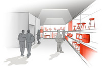 Die Visualisierung zeigt einen Blick in den Verkaufsraum des Konzeptladens Wiederschön in den Höfen am Brühl Leipzig. Auf einer Warenauslage stehen verschiedene Produkte, Menschen schlendern durch den Laden