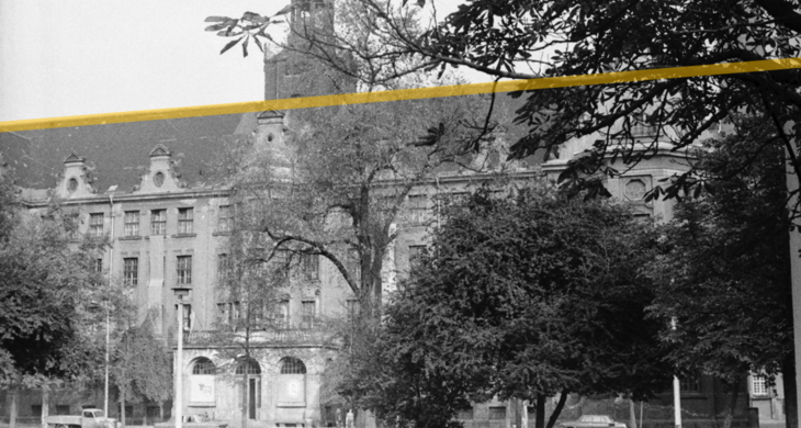Schwarz-Weiß-Foto eines Schulgebäudes, davor Bäume