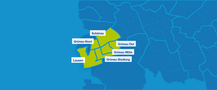 Karte mit den Umrissen der Leipziger Ortsteile. Lausen, Grünau-Nord, Schönau, Grünau-Ost, Grünau-Mitte und Grünau-Siedlung sind hervorgehoben.