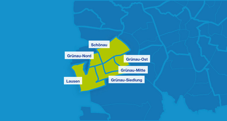 Karte mit den Umrissen der Leipziger Ortsteile. Lausen, Grünau-Nord, Schönau, Grünau-Ost, Grünau-Mitte und Grünau-Siedlung sind hervorgehoben.