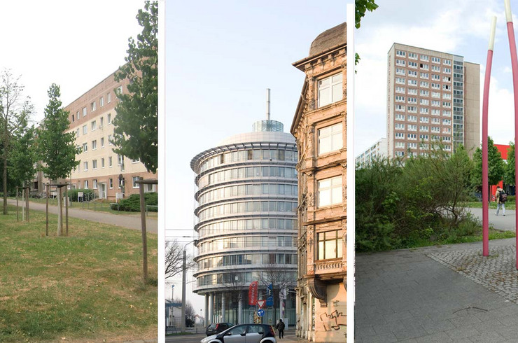 Drei Fotos als Collage. Links ein Blockbau mit Grünfläche und Jungbäumen davor, in der ;itte ein rundes Gebäude mit Glasfront, rechts ein weiterer, hoher Blockbau