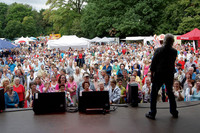 Sänger auf Bühne beim Schönauer Parkfest, mit viel Publikum davor