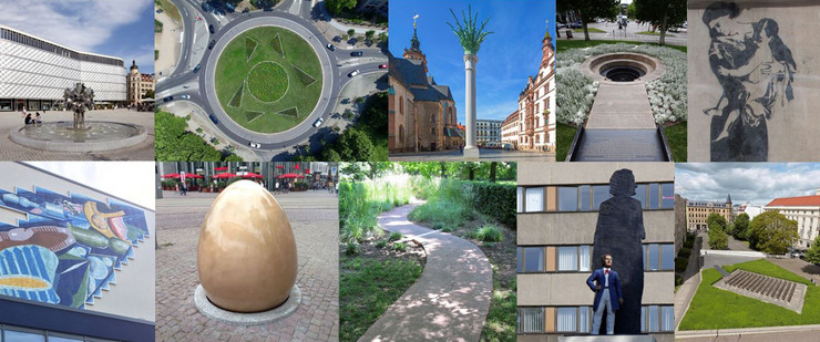 Collage von verschiedenen Leipziger Denkmalen und Kunst im öffentlichen Raum