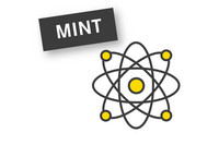 Piktogramm eines Atoms (mehrere übereinander liegende ovale Linien mit gelben Punkten) mit dem Schriftzug "MINT"