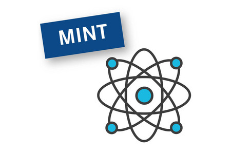 Piktogramm eines Atom, mehrere übereinanderliegende ovale Linien mit gelben Punkten darauf, daneben der Schriftzug "MINT"