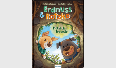 Cover des Buches Erdnuss und Rotzko von Katalina Brause und Carola Sieverding. Zwei Hunde schauen in ein großes Erdloch.