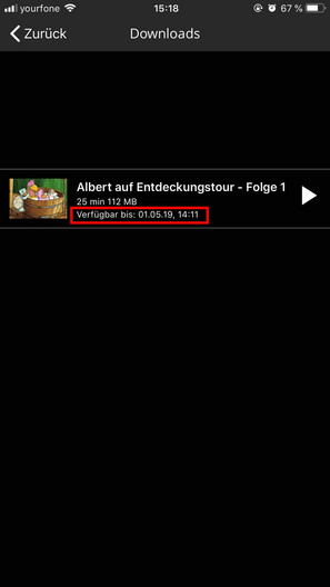 Bildschirmfoto der filmfriend App mit der heruntegeladene Folge einer Kinderserie, es sind Dauer der Offline-Nutzung und Dauer der Folge einsehbar
