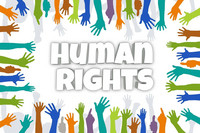 Grafik mit vielen bunten Händen, die nach den Worten "Human Rights" greifen