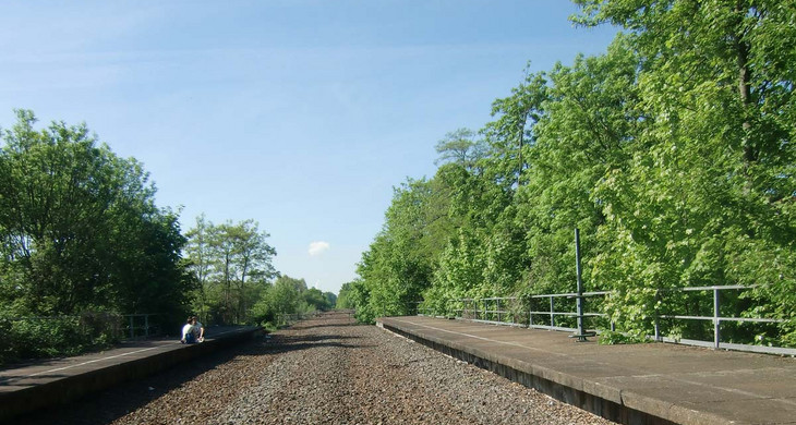 Altes Gleisbett aus Kies und Schotter und alte Bahnsteige, gesäumt von Bäumen. Auf dem linken Bahnsteig sitzen ein Mann und eine Frau.