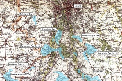 Karte von 1931 des südlichen Stadtgebietes Leipzig bis Borna mit Überlagerung der heutigen Seen