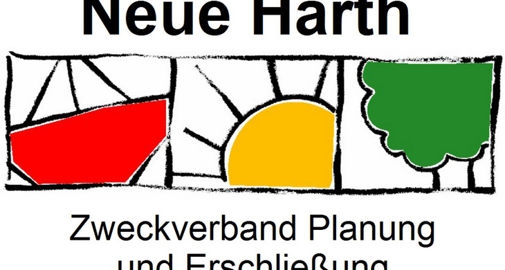 Logo Zweckverband Neue Harth mit Grafiken Schiff, Sonne und Baumgrün und Schriftzug