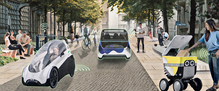 Straßenszene der Zukunft mit wenig Autos und viel Platz für Cafés