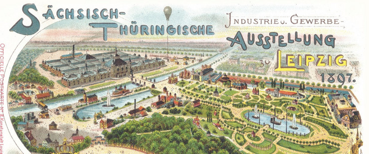 Abbildung einer original Postkarte zur STIGA mit der Ansicht auf das Ausstellungsgelände. Darauf der Text "Sächsisch-Thüringische Industrie- und Gewerbeausstellung zu Leipzig 1897"