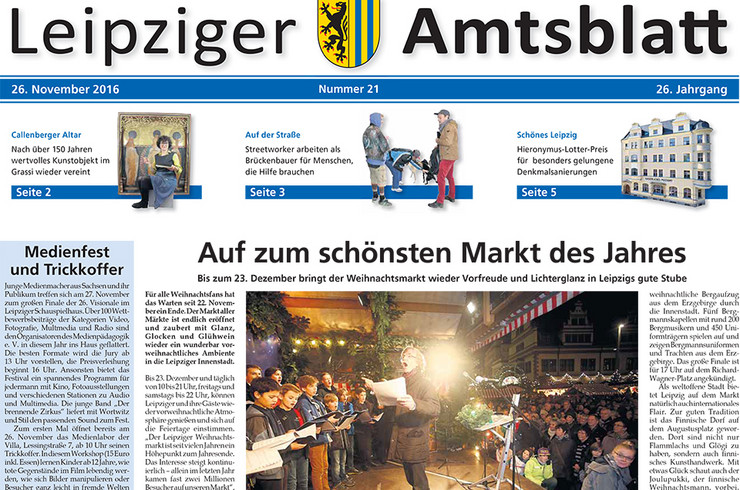 Titelseite des Leipziger Amtsblatts vom 26.11.2016 zeigt den singenden Thomanerchor bei der Eröffnung des Weihnachtsmarktes