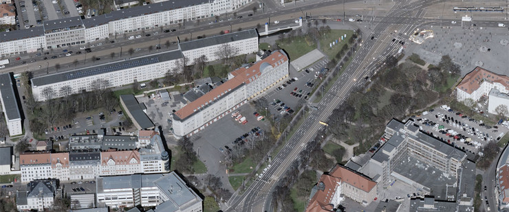 Luftbildaufnahme von der Hauptfeuerwache am Goerdelerring