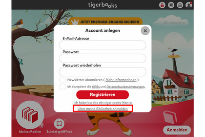 Bildschirmfoto der Anmeldung in der TigerBooks App mit Zugang für Bibliotheken