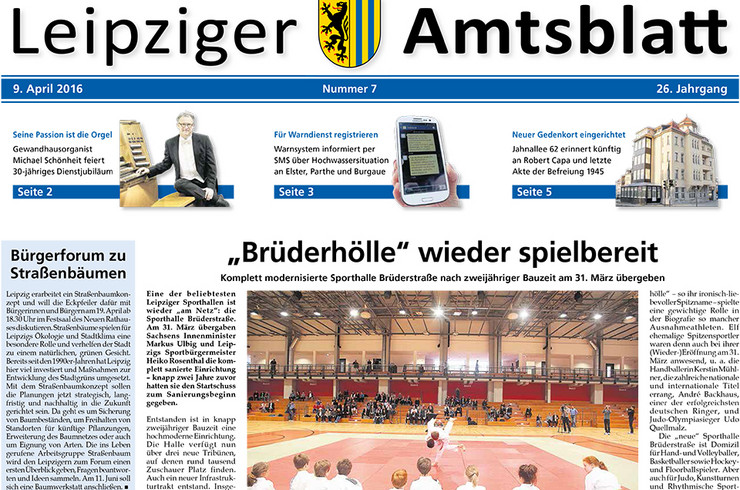 Titelseite des Leipziger Amtsblattes vom 9. April 2016 zeigt Judoka in Aktion bei der Eröffnung der sanierten Sporthalle Brüderstraße