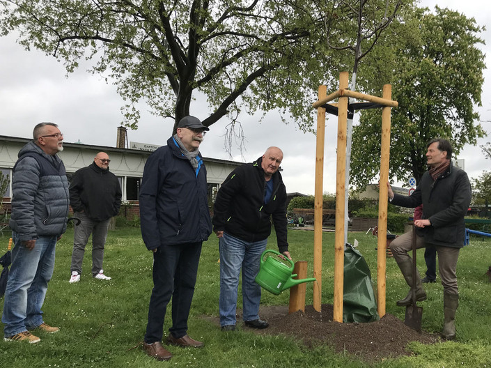 An einem neu gepflanzten Baum stehen Bürgermeister Heiko Rosenthal und vier weitere Männer.