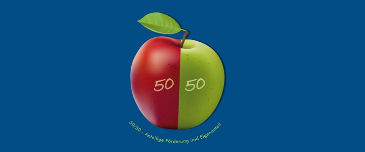 Grafik mit Apfel eine Seite grün eine rot symbolisch für 50 Prozent Förderung