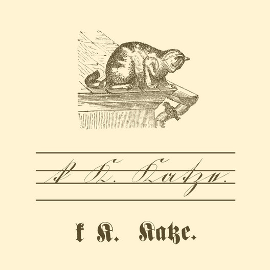 Übungstafel einer deutschen Fibel von 1886 mit Motiv Katze, sowie kleinem und großem Buchstaben "K" in Schreib- und Druckschrift.