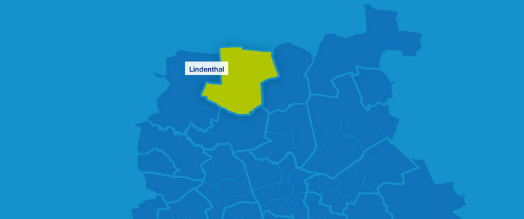 Karte mit den Umrissen der Leipziger Ortsteile im Norden. Lindenthal ist hervorgehoben.