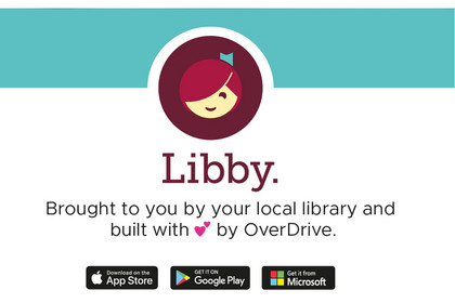 Logo Libby App, darunter steht Libby, brought to you by your local library and built with love by OverDrive, darunter Logos Apple App Store, Google Play Store, Windows App Store