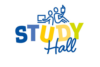 Logo StudyHall - bunter Schriftzug mit zwei blauen menschlichen Icons