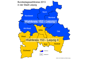 Karte mit den Bundestagswahlkreise 2013 in der Stadt Leipzig.