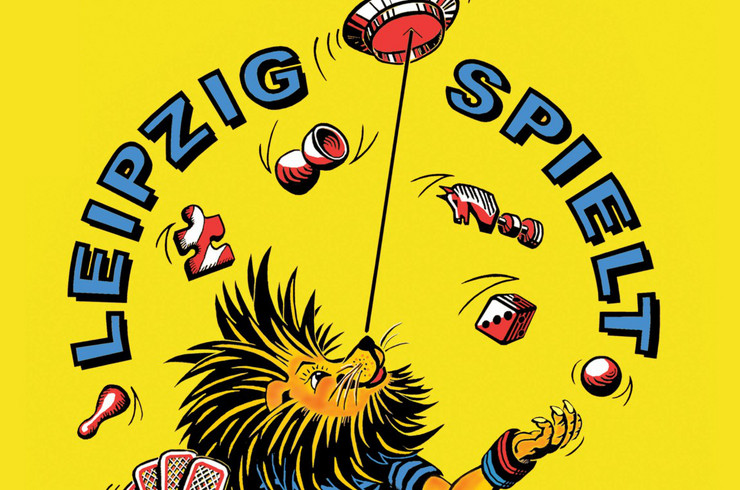 Gelbe Grafik mit jonglierendem Löwen und Schriftzug Leipzig spielt