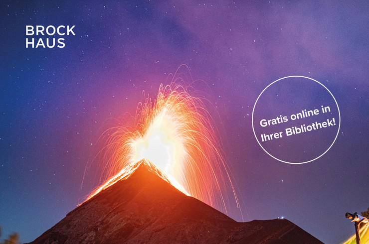 Foto eines ausbrechenden Vulkans, oben Links Logo Schriftzug Brockhaus, auf der rechten Seite Text Gratis online in Ihrer Bibliothek