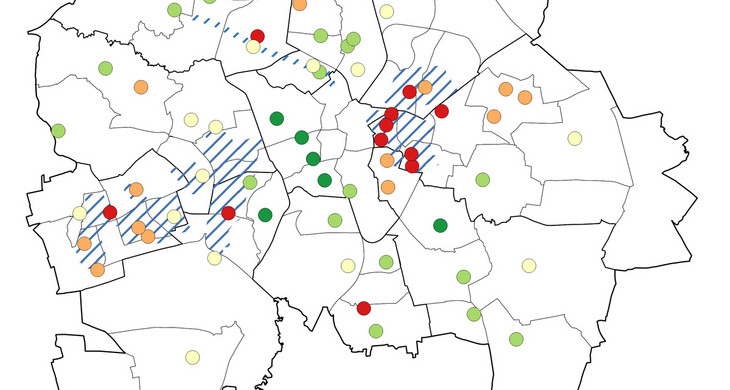 Zu sehen ist eine Karte des Stadtgebietes von Leipzig mit einer farblichen Darstellung des prozentuellen Anteils der gymnasialen Bildungsempfehlungen in den einzelnen Grundschulen.