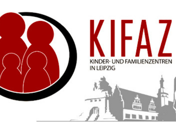 Logo Kinder unf Familienzentren (KiFaZ) in Leipzig. Familie grob vereinfacht als Grafik und typische Leipziger Gebäude als Grafik