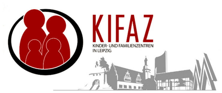 Logo Kinder unf Familienzentren (KiFaZ) in Leipzig. Familie grob vereinfacht als Grafik und typische Leipziger Gebäude als Grafik
