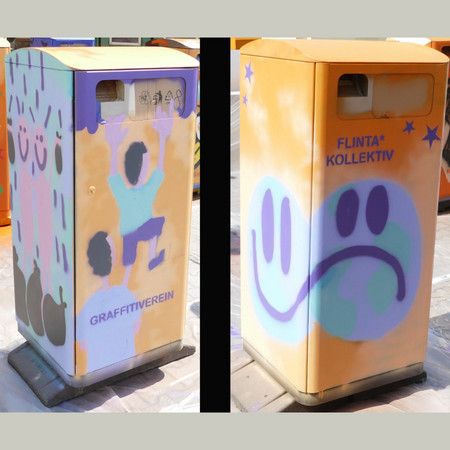 Abfallbehälter mit Graffiti-Motiv, zum Beispiel Papa mit Sohn, Kinder mit Abfalltüten und Smileys