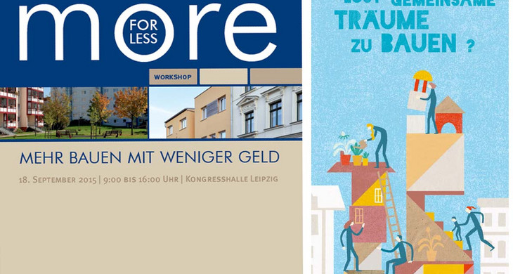 Es sind die Titel von Projektfaltblättern zum Thema Netzwerk Leipziger Freiheit und more for less abgebildet.