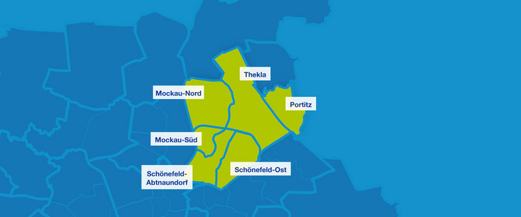 Karte mit den Umrissen der Leipziger Ortsteile im Nordosten. Hervorgehoben sind Schönefeld-Abtnaundorf, Schönefeld-Ost, Mockau-Süd, Mockau-Nord, Thekla und Portitz.
