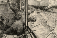 Kohlezeichnung aus einem Zug winkender Soldaten, die vom Leipziger Hauptbahnhof abfahren