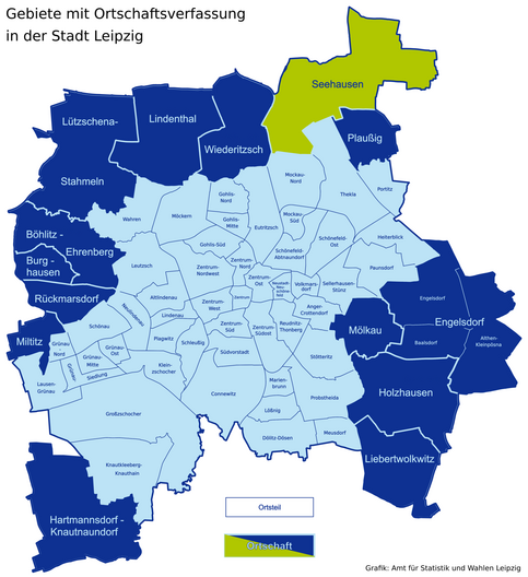 Karte der Leipziger Ortsteile und Ortschaften - Seehausen hervorgehoben
