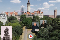 Foto eines Parks mit vielen Bäumen und dem Neuen Rathaus dahinter. Darauf ist eine rot-weiß-graue Scheibe als Ortsmarkierung und historische Fotos von Luther und Melanchthon und einem früheren Luther-Melanchthon-Denkmals.