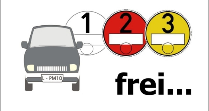 Autosymbol neben weißer, roter, gelber Umweltplakette und dem Wort 'frei . .'