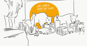 Zeichnung: Viele präparierte Tiere in einem Raum, dazwischen Holzkisten. In einem orangen Kreis steht "Wir haben mehr auf Lager".