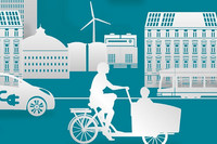 Grafik zum Thema "Leipzig ist klimabewusst" mit Stadtgebäuden, einer Straßenbahn, einem Elektroauto an einer Ladestation, einem Fußgänger und einen Lastenfahrrad.
