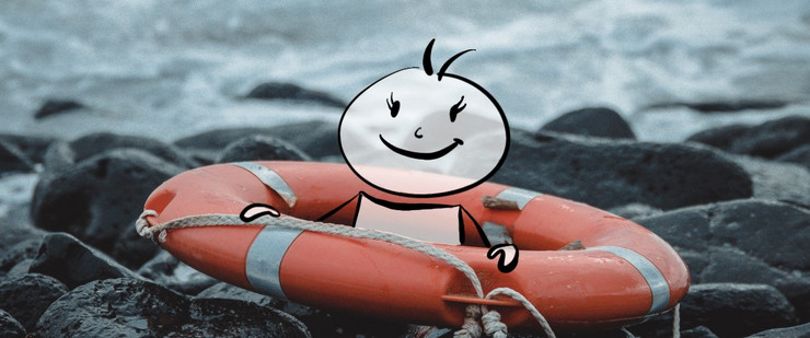Ein gezeichneter, weiß gekleideter Mensch im roten Rettungsring ist gerettet und an den Strand gespült. Er lächtelt glücklich. Geschafft!