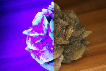 Zweigeteiltes Bild eines Kristalls, rechts in normalem Licht, links im Schwarzlicht