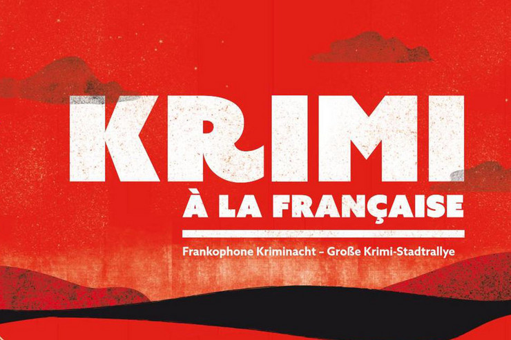 Rote Grafik mit Wolken und Hügeln und dem Logo Krimi a la francaise