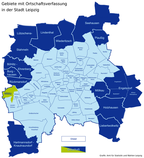 Karte der Leipziger Ortsteile und Ortschaften - Miltitz hervorgehoben