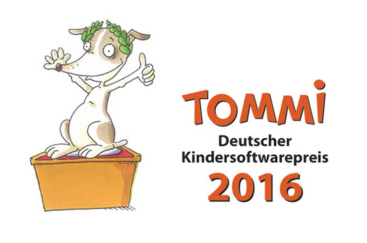 Logo: Zeichnung eines Hundes mit Lorbeerkranz auf dem Kopf, auf den Hinterpfoten stehend auf einem Podest und winkend, daneben Schriftzug Tommi Deutscher Kindersoftwarepreis 2016
