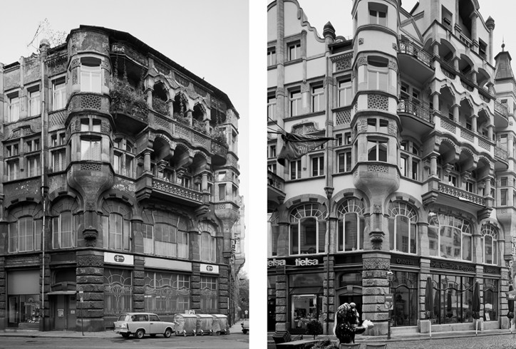 Collage von zwei schwarz-weiß-Fotos von der Ecke Barfußgässchen/Klostergasse, links im Jahr 1990 und rechts 2002